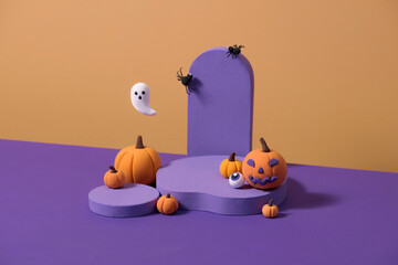 Halloween Display with Pumpkins and Ghosts in Colorful Scene