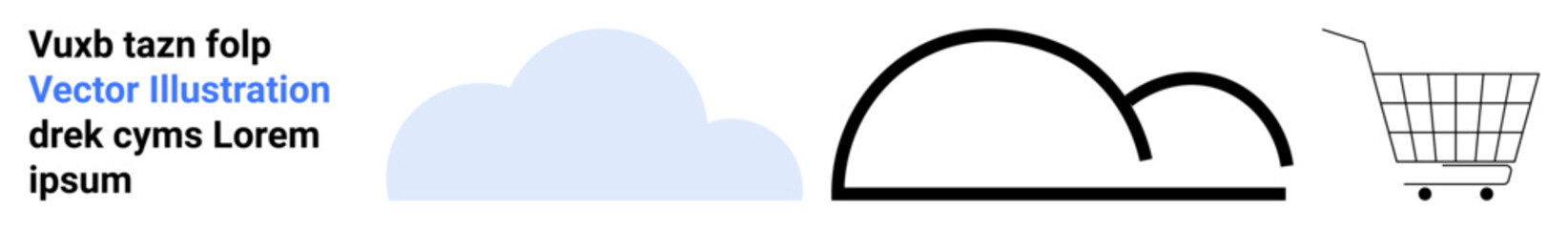 Text in blue and black, light blue cloud, black minimalist line art, and grey shopping cart. Ideal for technology, e-commerce, weather, minimalism, graphic design, branding, modern style. Banner