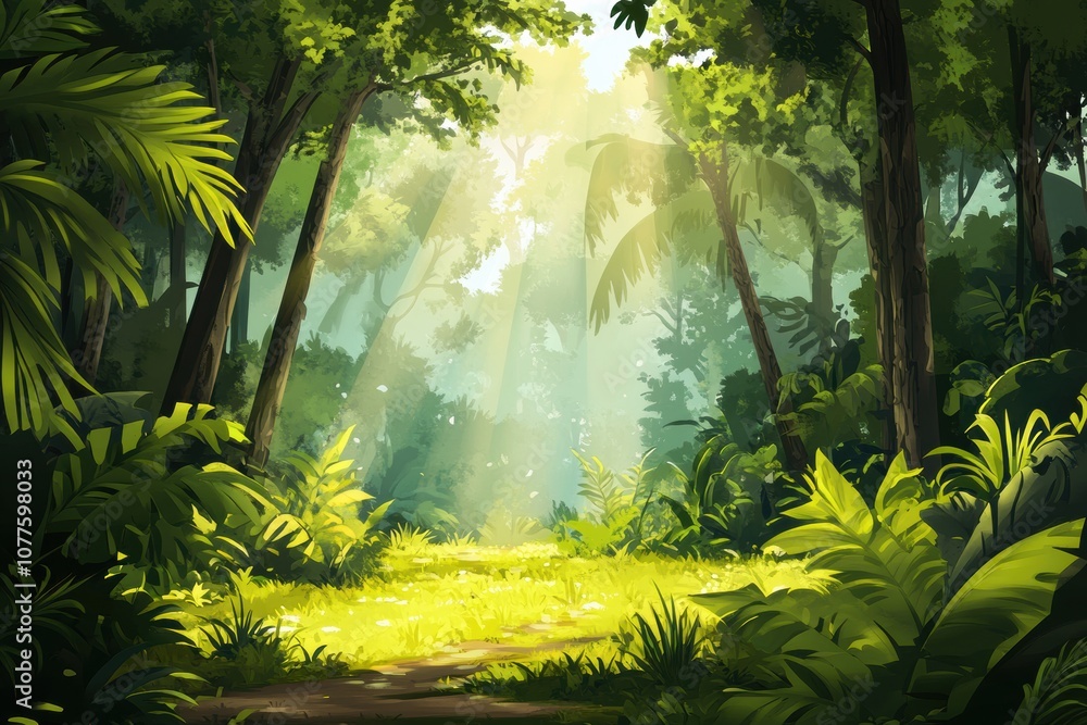 Poster sunlight streams through the dense canopy of a tropical forest, casting light on the lush undergrowt