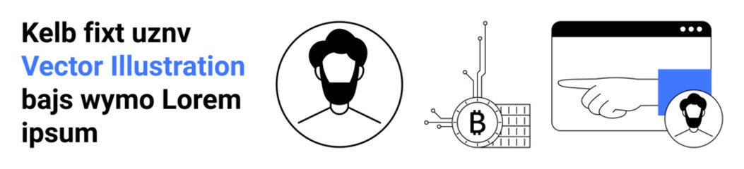 Profile avatar, Bitcoin technology icon, cursor pointing on browser window. Ideal for tech blogs, cryptocurrency sites, social media, user profile settings, fintech platforms, instructional guides