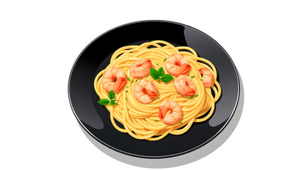Italian pasta fettuccine in a creamy sauce with shrimp on a black plate, top view isolated with white highlights, png