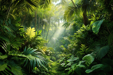 Obraz premium Dense tropical rainforest with lush greenery and sunlight filtering through tall trees, creating a serene and vibrant atmosphere of nature's abundance.