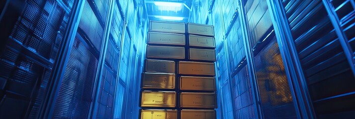 A stack of gold bars in a secure vault with blue lights.