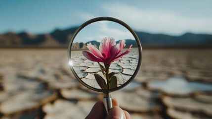 A hand holds a magnifying glass over a single pink flower growing in a cracked desert landscape. The flower stands out against the barren background.