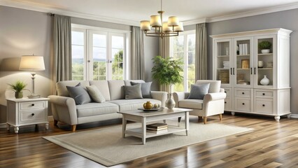 Fototapeta premium Transform your living room using chic white wooden furniture, adding style and comfort to your space while achieving a harmonious blend of decor and design.