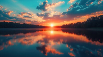 A vibrant sunset over a still lake, reflecting the fiery colors of the sky in the water. The sun is setting behind a line of trees, creating a serene and tranquil scene.