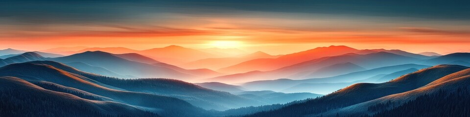 Obraz premium Serene mountain landscape at sunset with vibrant colors.