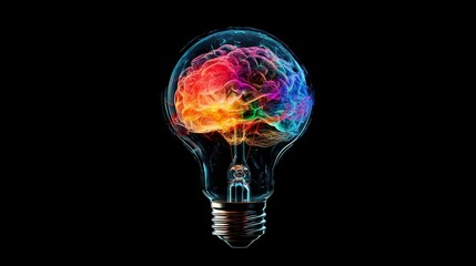 Human brain in a transparent light bulb, emitting bright colors, creativity. generative ai