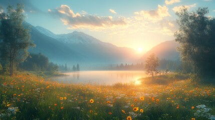 Naklejka premium Serene landscape with mountains, flowers, and a tranquil lake at sunset.
