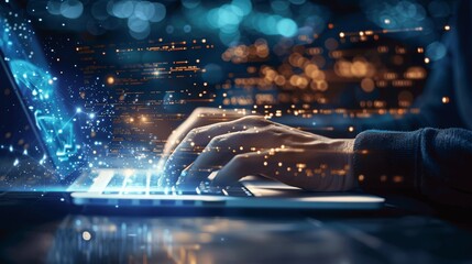 Businessperson using laptop with digital hologram network code in dark office technology concept