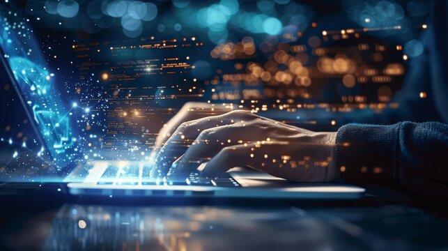 Businessperson using laptop with digital hologram network code in dark office technology concept
