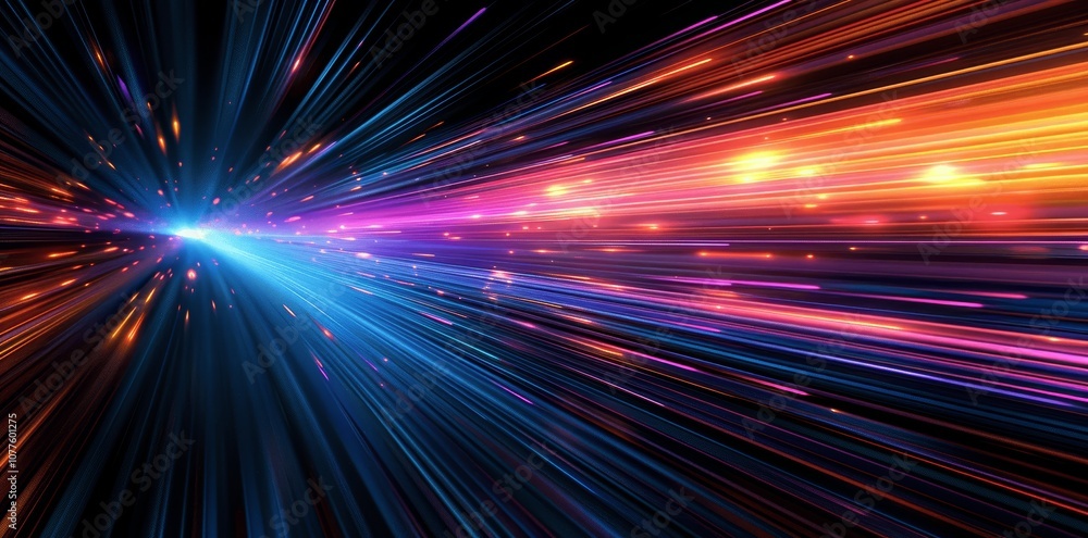 Poster dynamic blue and orange light streaks on dark background representing fast digital data transfer and