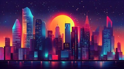 A futuristic cityscape with one towering skyscraper uniquely designed in bold geometric shapes, illuminated in bright colors, drawing all attention