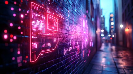 Obraz premium A futuristic graffiti mural on a bleak alley wall, featuring neon lights and cyberpunk elements, transforming the area into a digital art wonderland