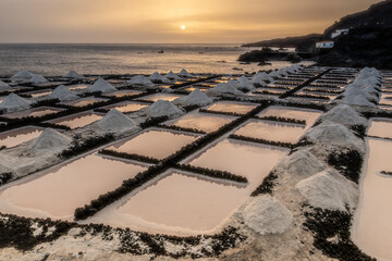 Sunset over the salt pans of Fuencaliente, next to the sea