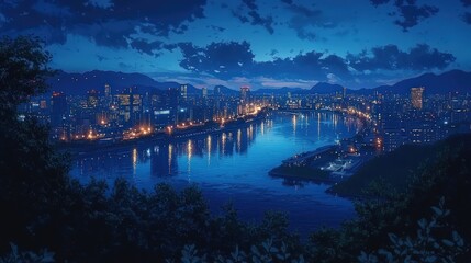 Naklejka premium A scenic night view of a city skyline with a river reflecting lights from buildings and a cloudy sky.