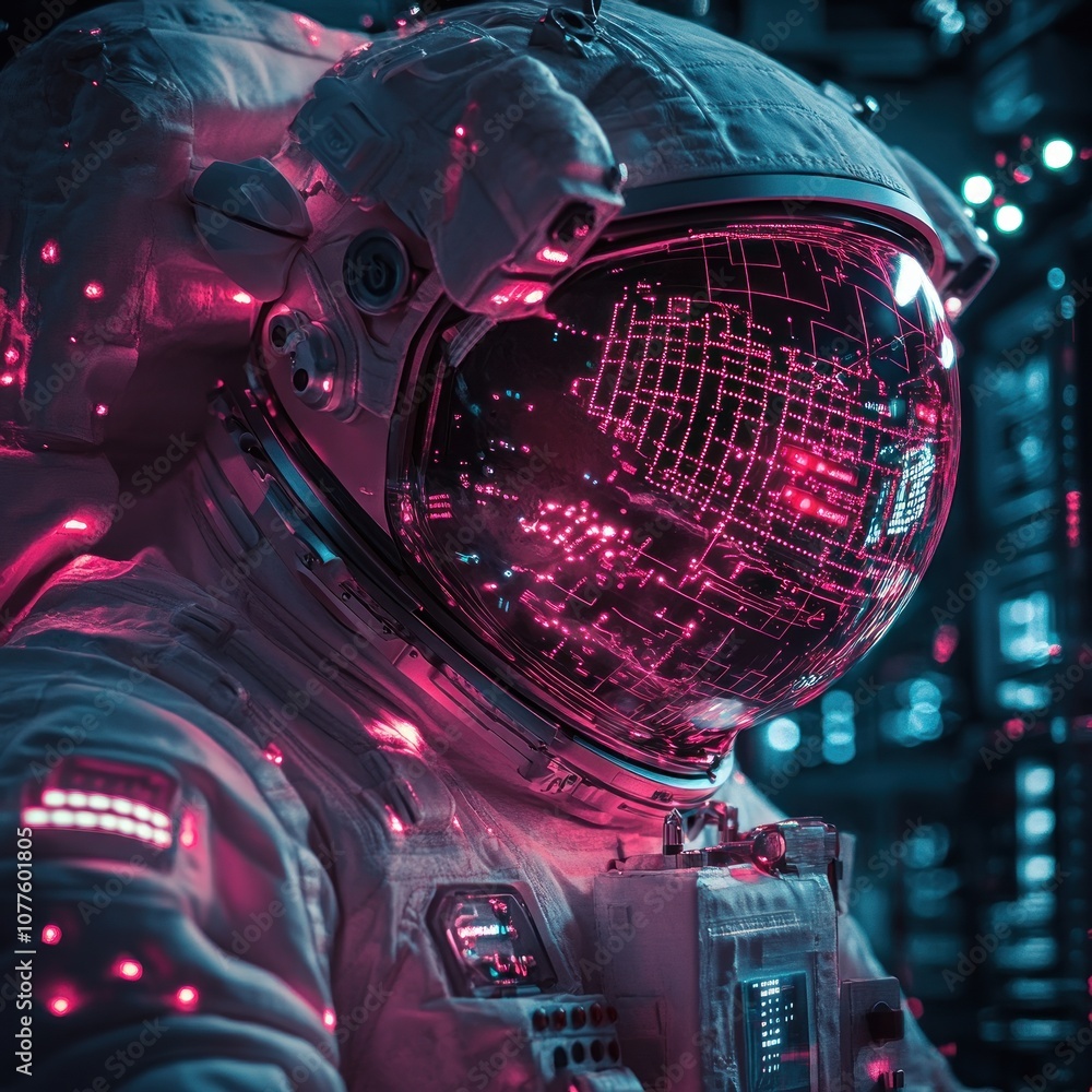 Aufkleber close-up of an astronaut wearing a futuristic spacesuit with a glowing helmet and a digital display.