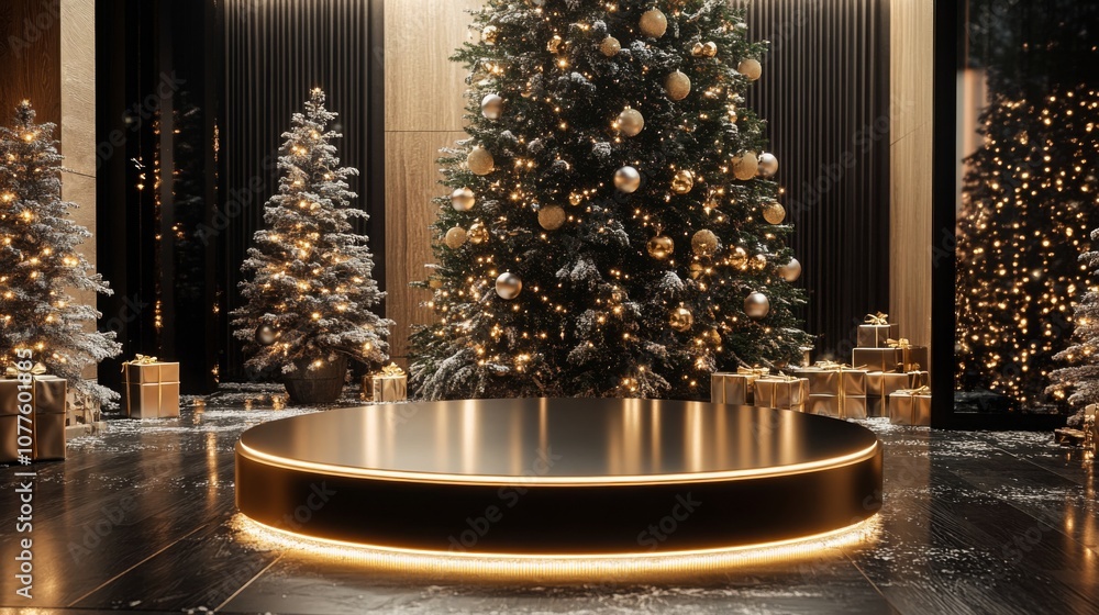 Poster a beautifully decorated christmas tree stands in a stylish interior, surrounded by neatly wrapped pr