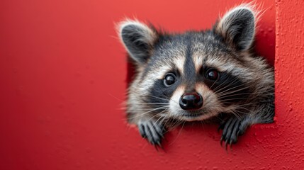 Cute raccoon peeking from a red corner with copy space, real photo