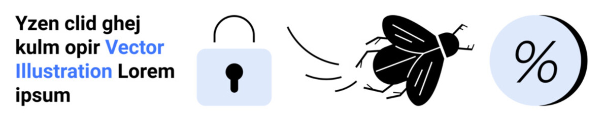 Text block, lock icon, flying insect, and percentage symbol. Ideal for security, finance, marketing, data analytics, user interfaces, educational materials. Landing page