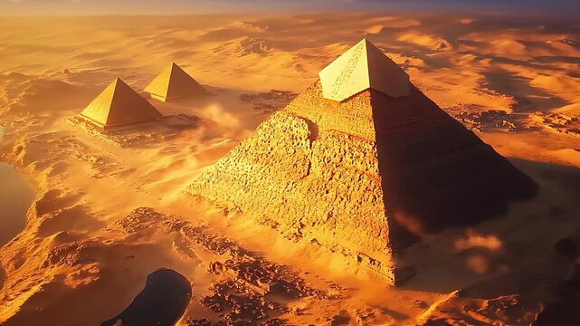 Nature video clip of the Pyramids of Giza at noon, Egypt, shadows stretching over the desert sands, ancient wonders in golden light.