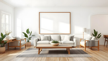 Mockup frame in farmhouse living room interior, 3d render isolated with white highlights, png