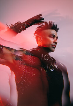 Punk fashion portrait with motion blur and neon lighting effects