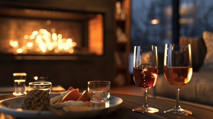 A cozy fireplace and dimly lit room where a group of friends gather to enjoy a virtual nonalcoholic cocktail party complete with fancy mocktails and fancy hors doeuvres.