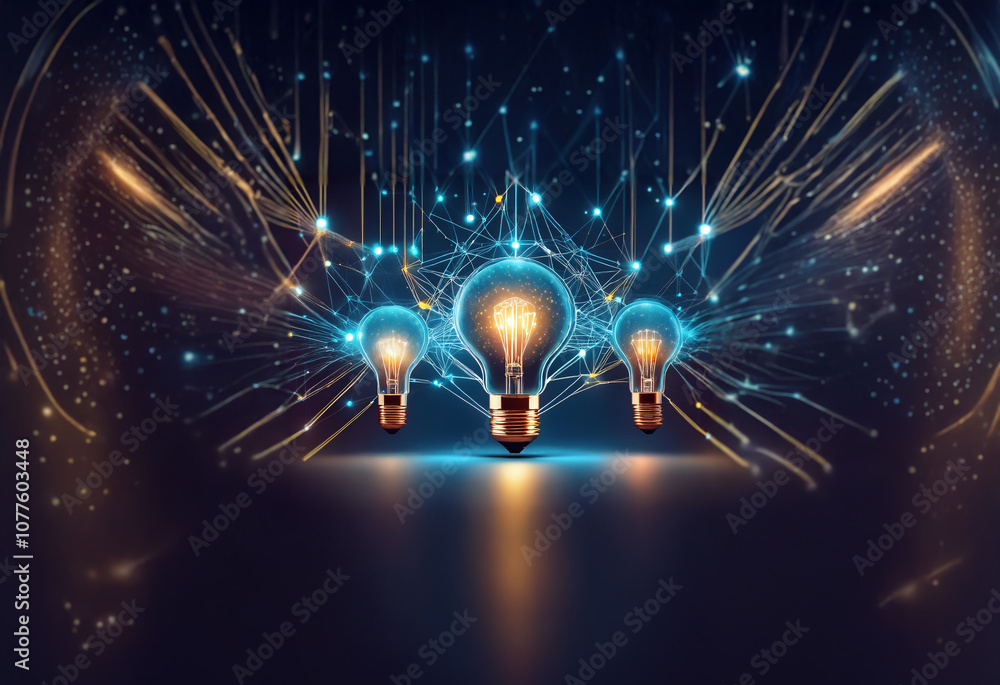 Poster three glowing lightbulbs with a dark blue background are surrounded by a network of lines that repre