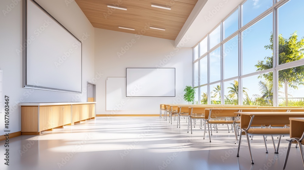 Aufkleber an empty high school classroom setup with rows of desks facing a large, clean whiteboard and open wi