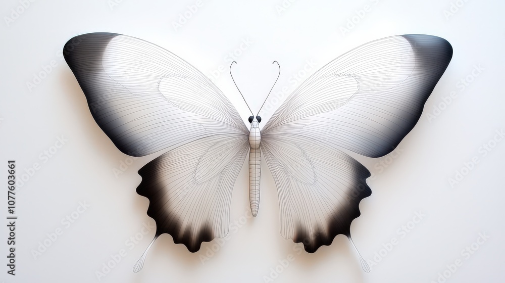 Poster elegant butterfly outline drawing; fine lines form the wings with subtle pattern hints, set on paper