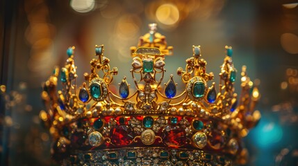 Fototapeta premium A royal crown made of gold, adorned with shimmering pearls. Its intricate design reflects luxury and power, symbolizing wealth and authority, fit for a king or queen.