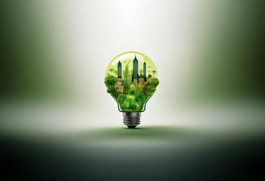 A lightbulb with a miniature cityscape inside, made entirely of green plants.