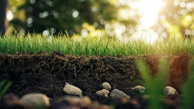 Cross section of soil and grass in sunlight, nature and ecology concept