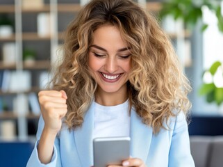 Fototapeta premium Woman celebrates success while using smartphone in modern office environment