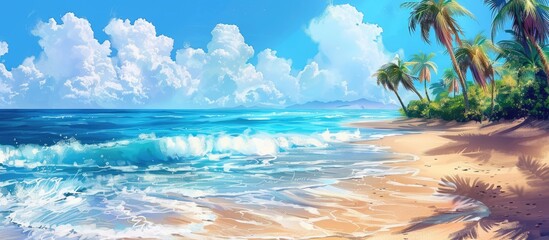 Fototapeta premium Tropical Paradise Beach Scene with Palm Trees and Blue Sky