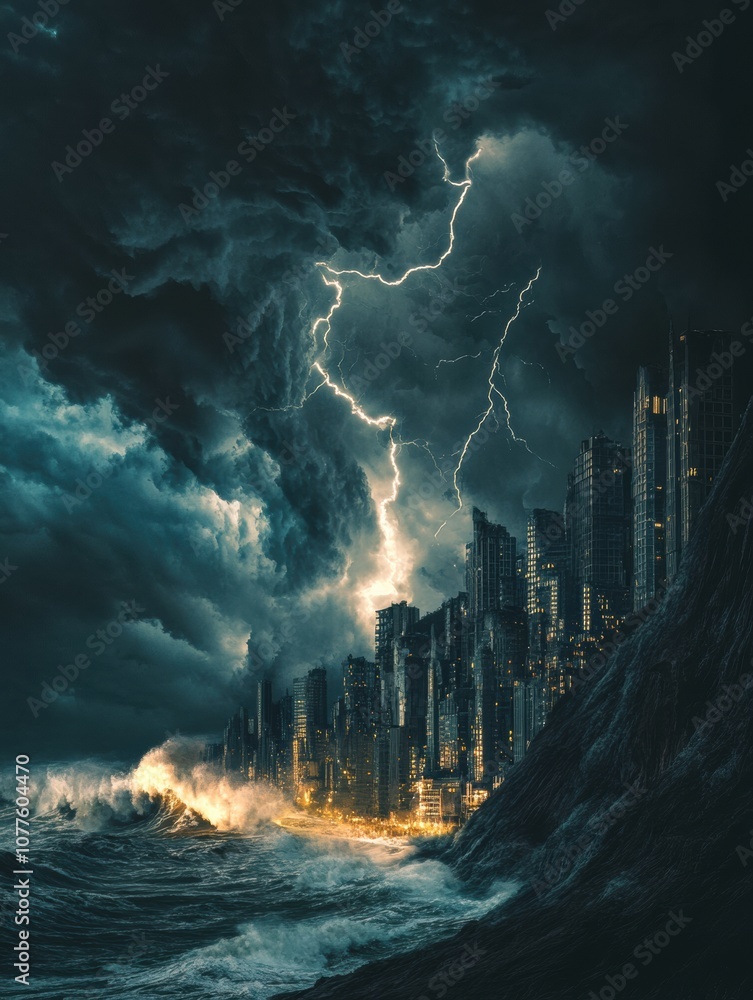 Poster Lightning illuminates dark clouds over a coastal city as waves crash against the shoreline, creating a dramatic and turbulent atmosphere. Generative AI
