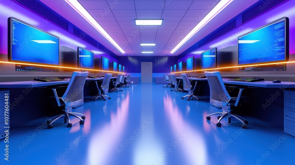 Poster high school computer lab filled with new computers, arranged neatly on tables, with soft lighting an