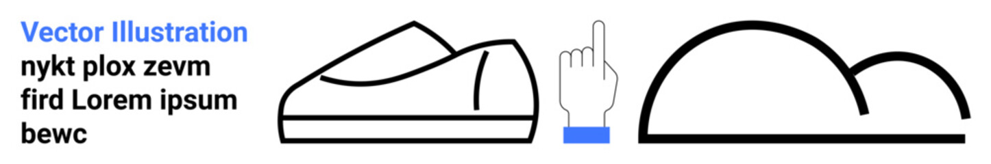 Shoe, pointing hand, cloud, and placeholder text elements. Ideal for shoe designs, technology, weather apps, education presentations, minimalist art contemporary design. Landing page