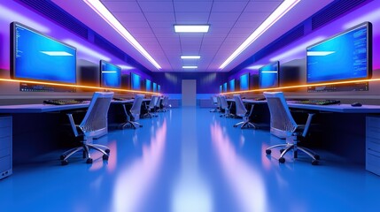 High school computer lab filled with new computers, arranged neatly on tables, with soft lighting and a quiet, tech-focused atmosphere.
