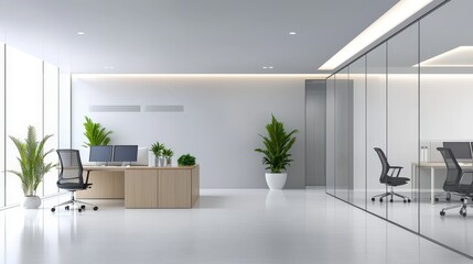 Fototapeta premium Bright and open office interior with glass partitions, sleek furniture, and ambient lighting, creating a professional atmosphere.