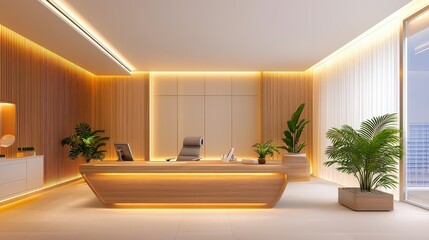 A stylish office space featuring a wooden desk, ergonomic chair, and contemporary decor, with warm lighting.