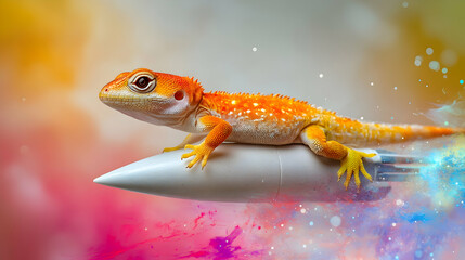 Obraz premium Lizard riding a rocket in space, reptile, iguana, galaxy, stars, colorful