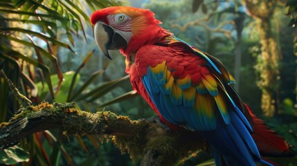 Obraz premium A vibrant parrot perched in its natural habitat, surrounded by lush greenery. With colorful feathers and curious eyes, it blends seamlessly into the tropical landscape, calling out with a distinctive 