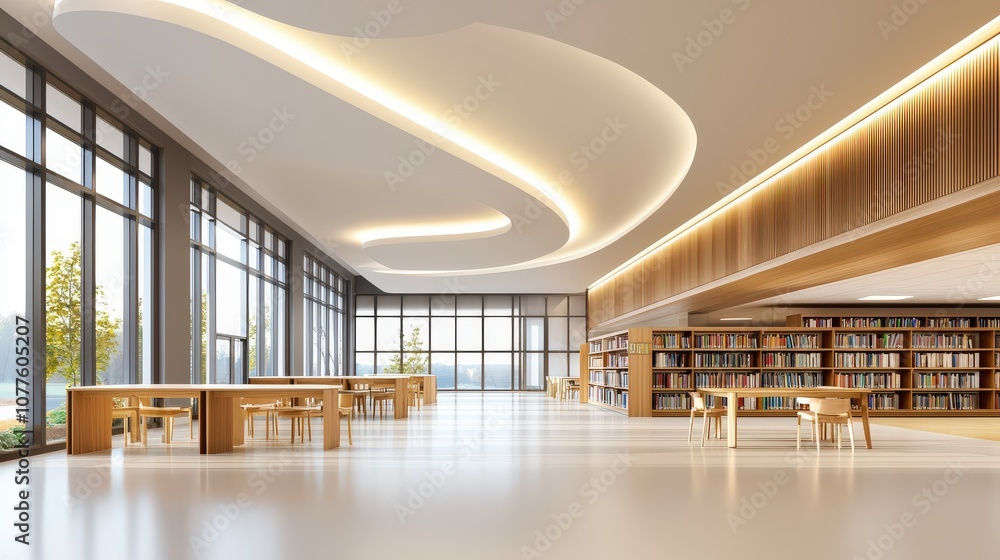 Aufkleber rows of bookshelves in a modern high school library with wooden tables and chairs arranged for group