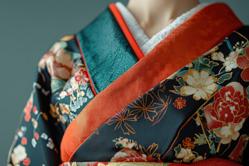Close-up of an elegant floral kimono with vibrant patterns and rich colors, showcasing the beauty of Japanese traditional attire.