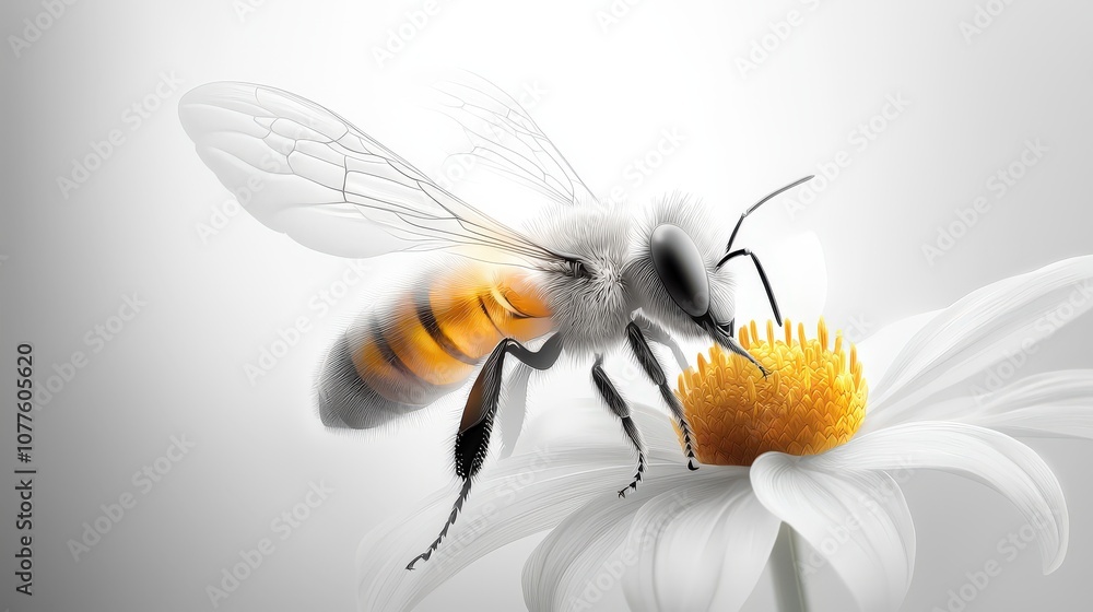 Aufkleber close-up sketch of a bee resting on a flower; delicate pencil lines emphasize textures in wings and 