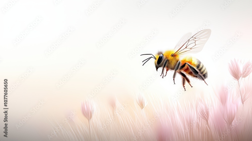 Poster artistic sketch of a bee mid-flight, soft shading and precise lines capture movement and detail.