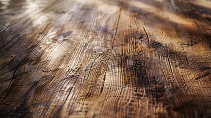 A wooden table with a smooth surface, showcasing its natural grain patterns. The rich texture and warm hues of the wood highlight its organic beauty, bringing a rustic and timeless charm to the space.