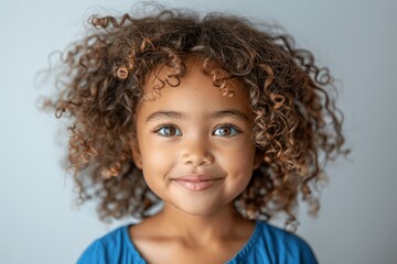 portrait of a happy mixed race girl laughing with curly hair in blue shirt on white background